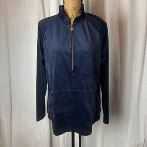 Lilly Pulitzer Skipper Ruffle Popover Navy Blue Velour 1/2 Zip Pullover Large